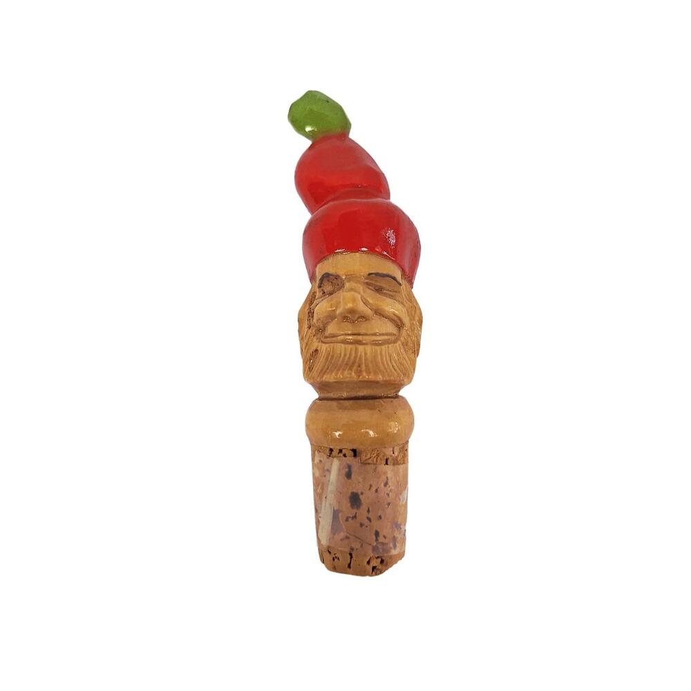 Vintage Hand Carved Wood Gnome Wine Bottle Stopper Red Hat Whimsical Folk Art